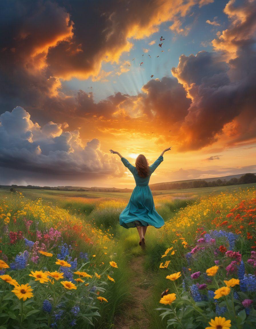 A vibrant sunrise breaking through dark clouds, symbolizing the transition from gloom to joy. Include a person joyfully dancing in a field of colorful wildflowers, arms stretched towards the sky. The background should blend shades of grey giving way to bright yellows and greens, showcasing a transformation of mood. Elements of nature, like birds and butterflies, should add to the feeling of exuberance. surrealistic. vibrant colors. nature-inspired.