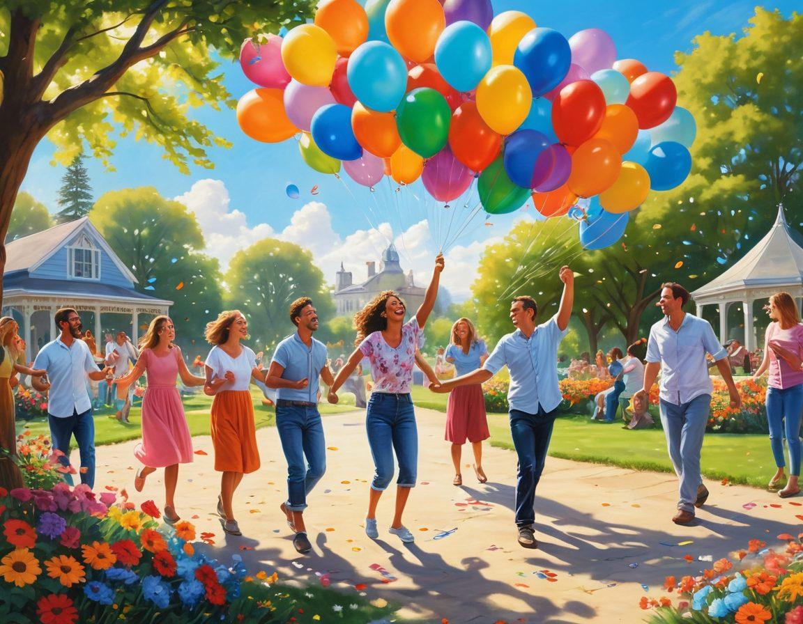 A bright, sunny scene displaying a diverse group of people engaging in joyful activities like dancing, painting, gardening, and laughing together in a vibrant park setting. Surrounding them are colorful flowers and balloons, symbolizing happiness and positivity. The sky is clear blue, and sunlight streams down, enhancing the cheerful atmosphere. super-realistic. vibrant colors. painting.