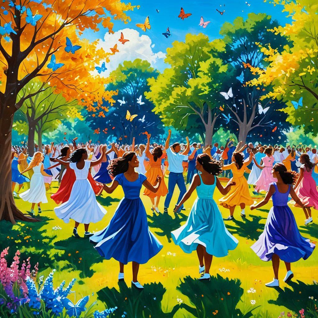 A whimsical scene featuring a diverse group of people engaging in joyful activities, like dancing, painting, and playing musical instruments in a sunlit park. Colorful flowers and butterflies adorn the surroundings, symbolizing playfulness and freedom. Laughter and smiles abound, creating an atmosphere of happiness. The sky is a bright blue, evoking a sense of warmth and positivity. vibrant colors. painting.